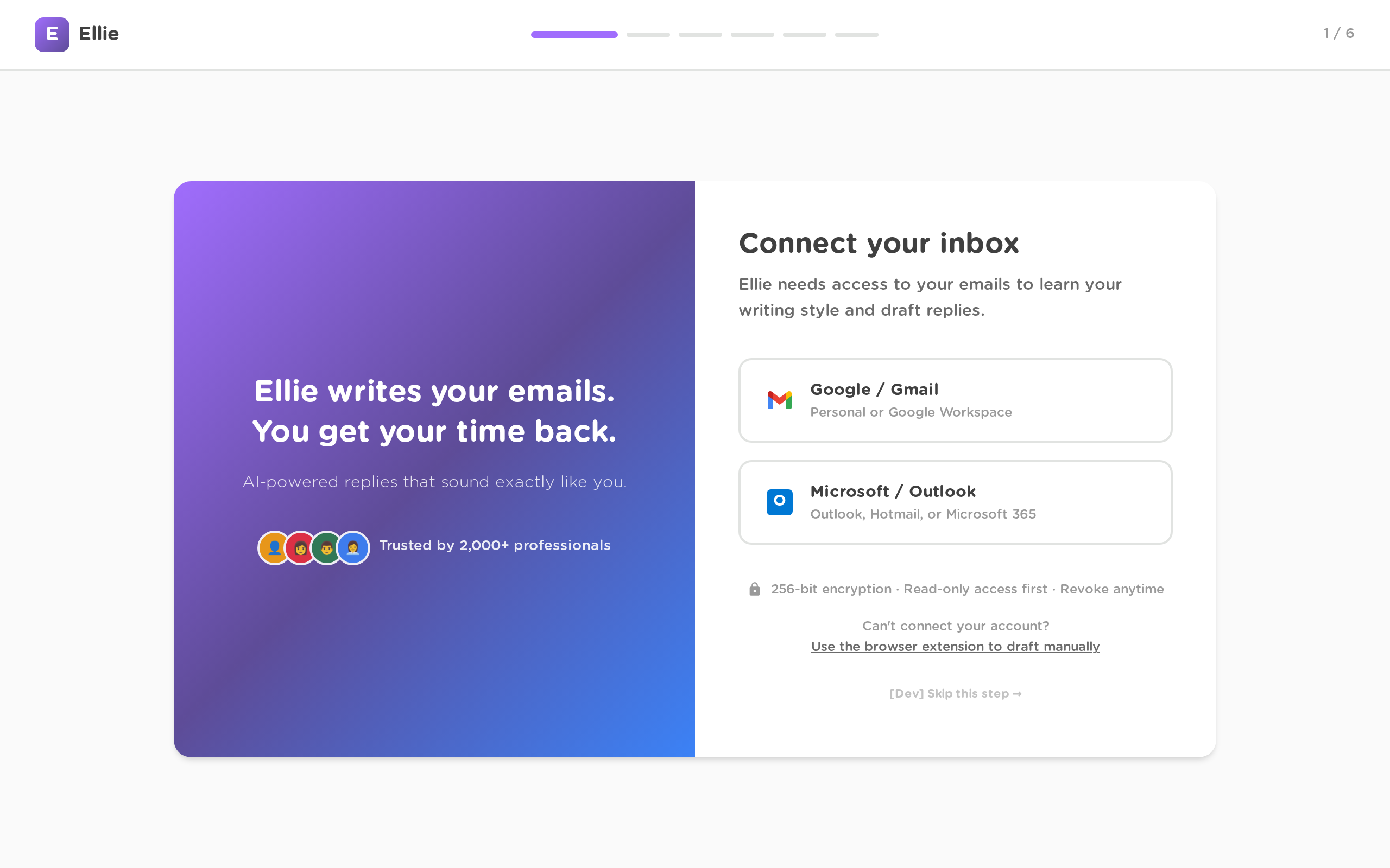 The Get Started flow with the Ellie logo, progress indicator, and onboarding step content.