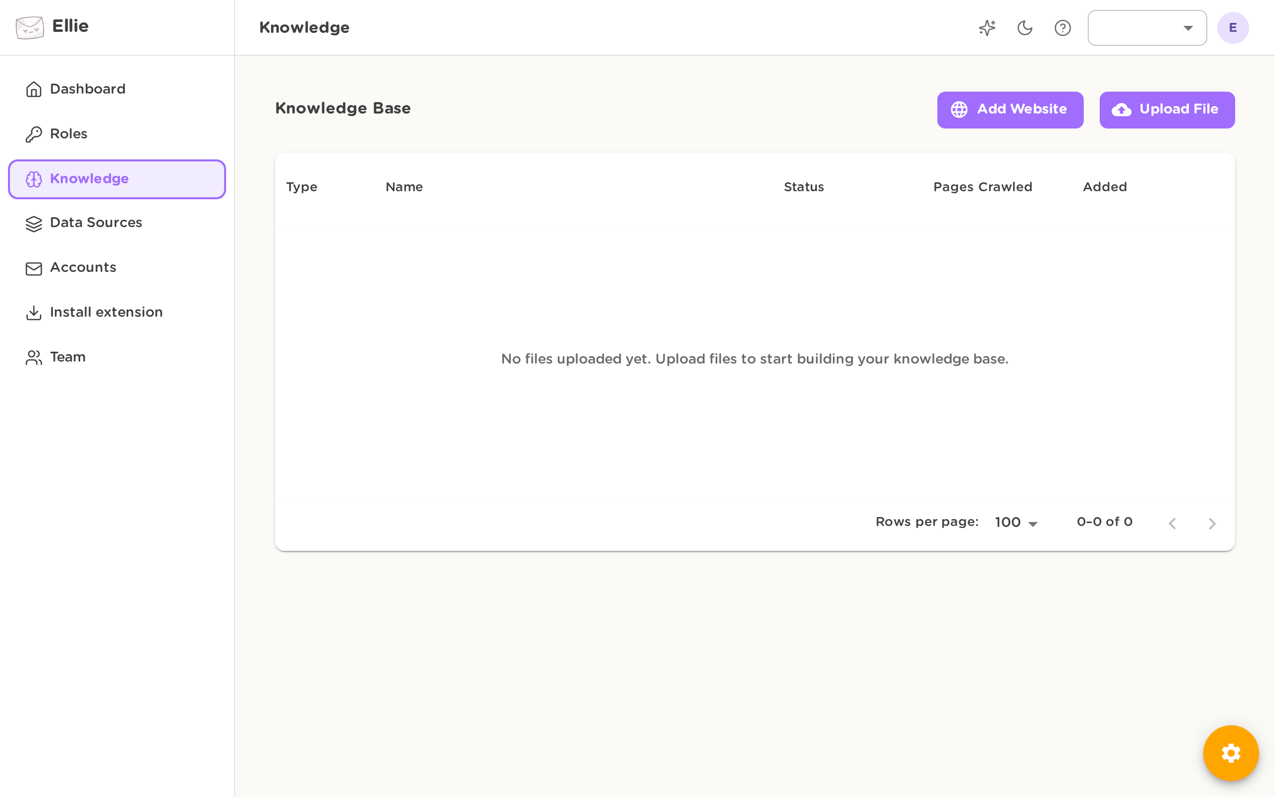The Knowledge view showing website and file training items with columns for Type, Name, Status, Pages Crawled, Added, and Actions.